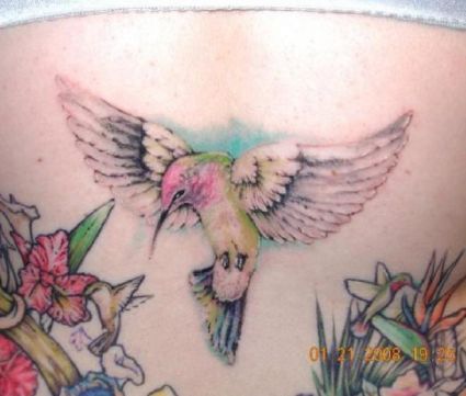 Hummingbird And Flower Images Tattoo On Back